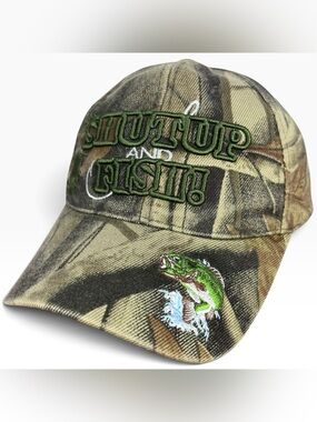 Shut Up and Fish! Embroidered Baseball Cap Hat Hook & Loop OSFA Camouflage